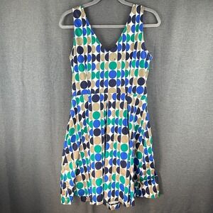 Banana Republic Blue Green Navy Tan Polka Dot Fit Flare Pleated Stretch Dress‎ 6